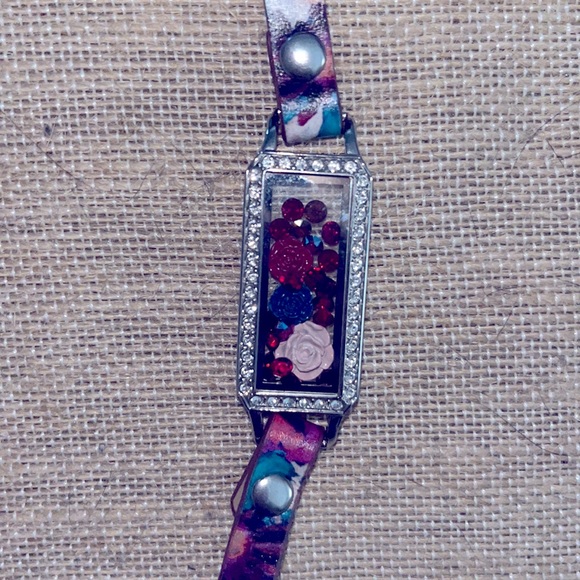 Origami Owl Floral Leather Bracelet Wrap/Silver Bar Rectangular Locket/charms - Picture 4 of 9